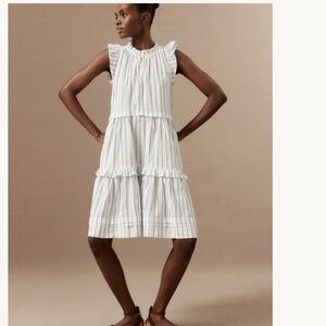 Me and Em -   White with Blue Stripe Short Swing Dress. Size 8. 100% Cotton